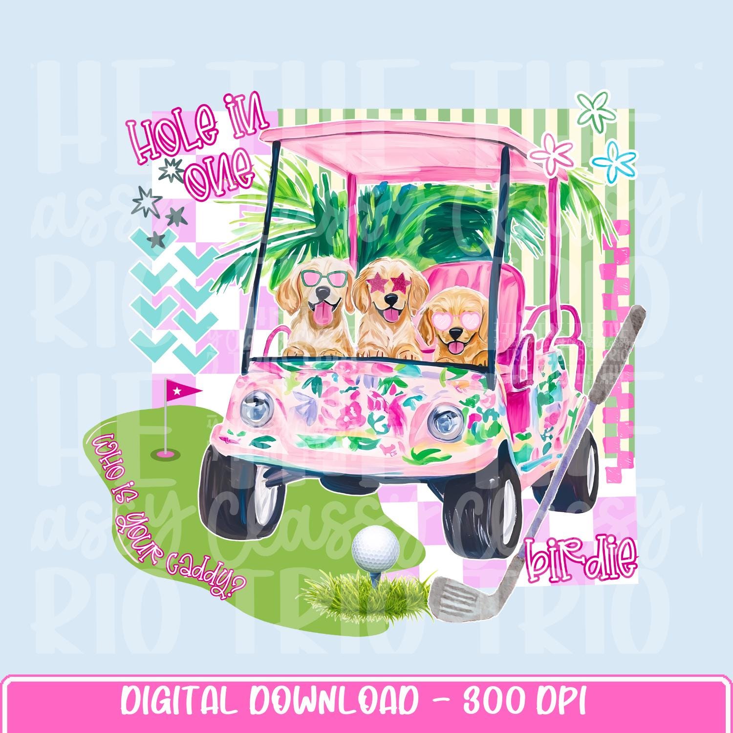 Preppy Floral Puppy Golf | PNG | Digital Design | Golf Cart Caddy | Checkered | Sublimation | DTF | Shirt Design | Trending