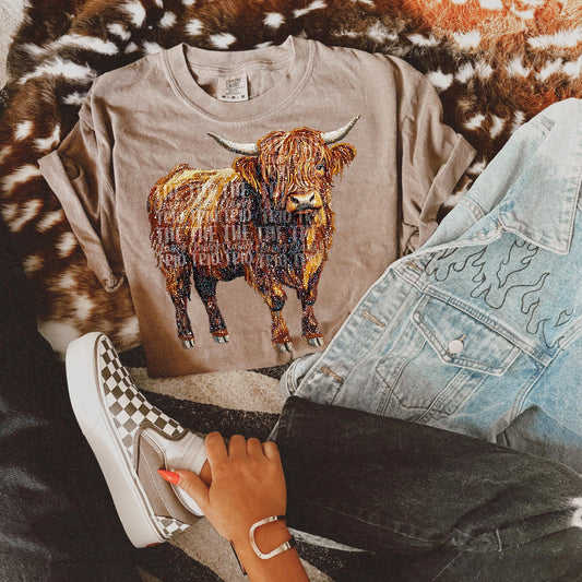 Faux Rhinestone Highland Cow | Digital Design | PNG | Sublimation | DTF | Cow | Agriculture Shirt Design | Country | Trending