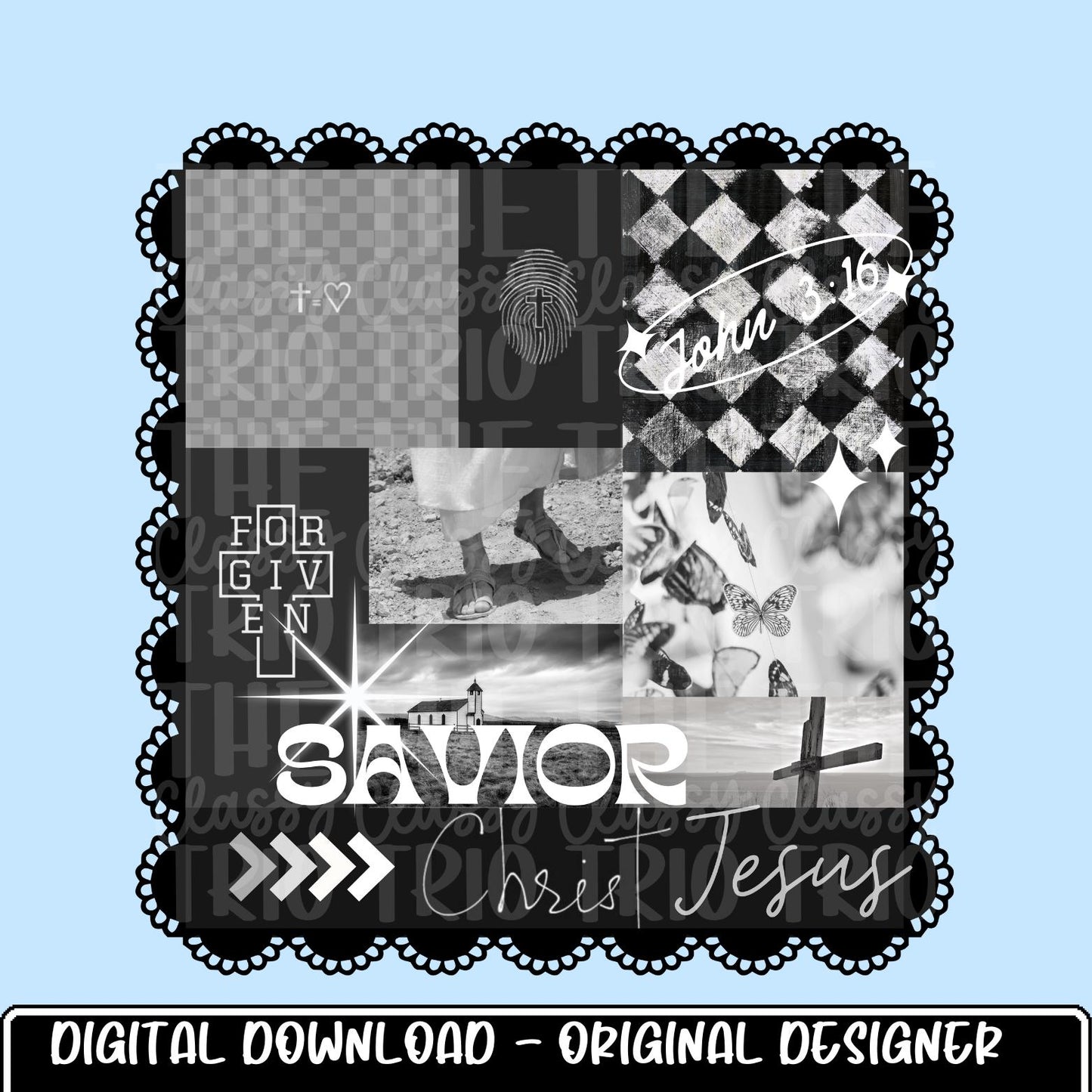 Jesus Black White Collage | Digital Design | PNG | Sublimation | Checkered | Bible | Kid Adult Shirt Design | Original Creator | Scallop
