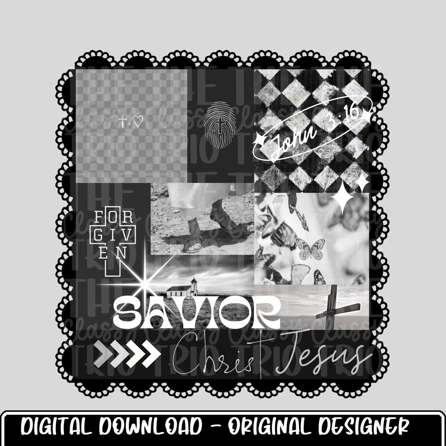 Jesus Black White Collage | Digital Design | PNG | Sublimation | Checkered | Bible | Kid Adult Shirt Design | Original Creator | Scallop