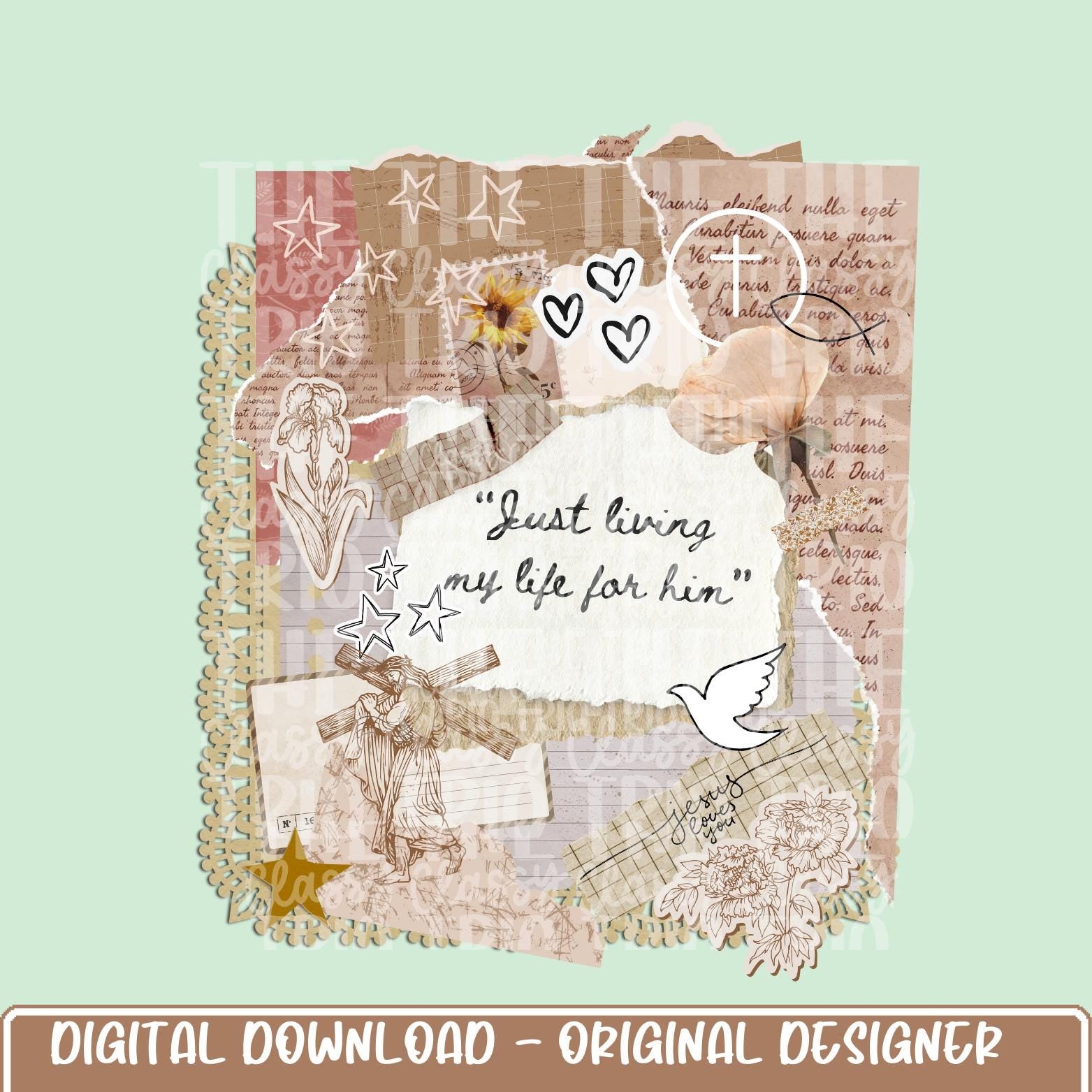 Vintage Jesus Live for Him Collage | Digital Design | PNG | Sublimation | Bible | Kid Adult Shirt Design | Original Creator | Scallop