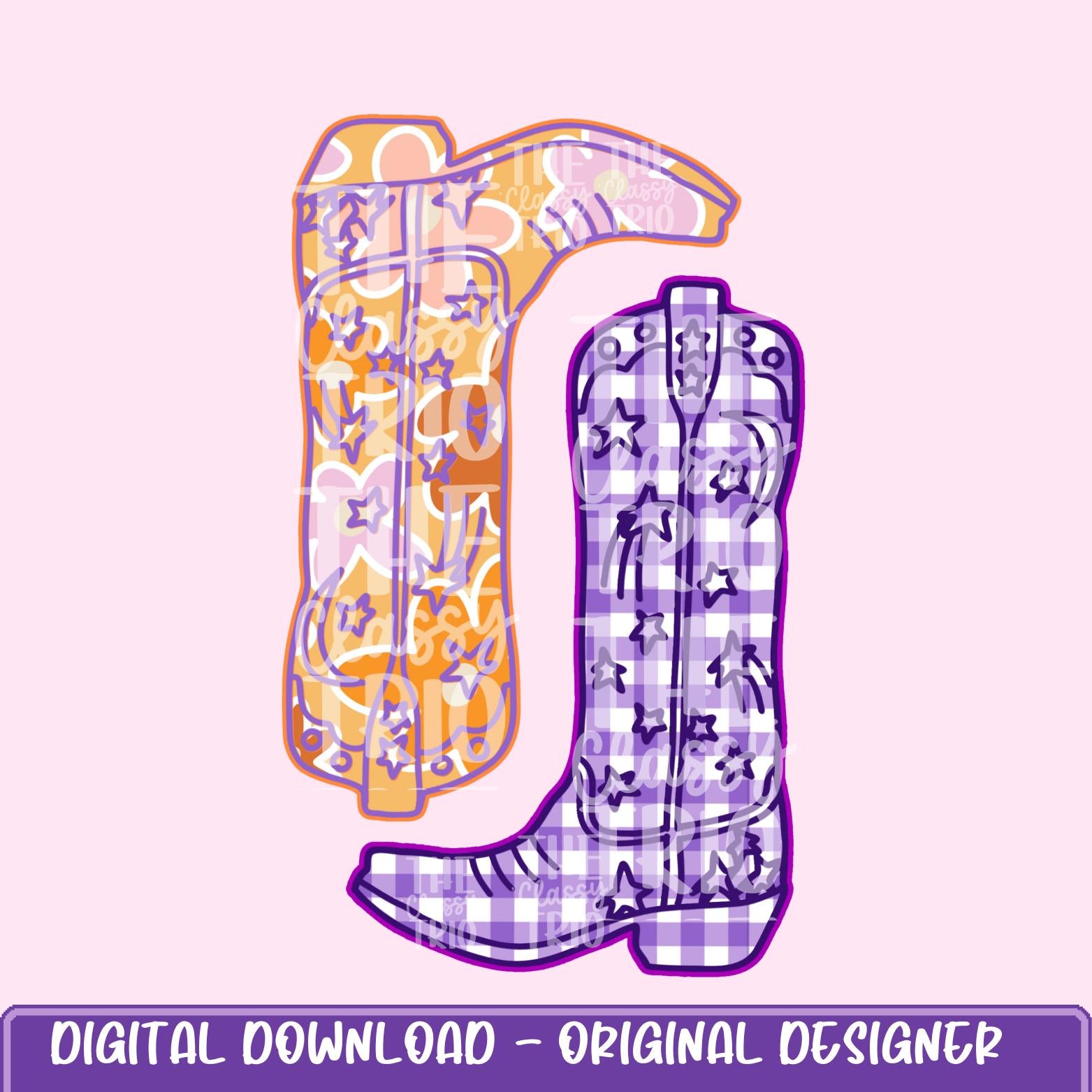 Plaid Floral Cowgirl Boots | Digital Design | PNG | Sublimation | Western Design | Preppy | Country Shirt Design | Pink Purple Orange