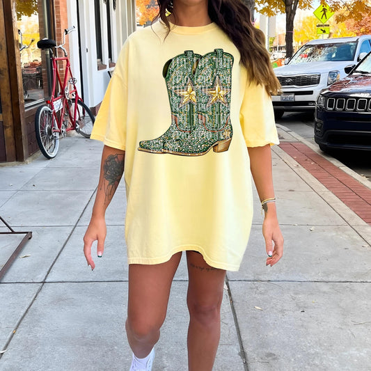 Faux Rhinestone Green Gold Cowboy Boots | Digital Design | PNG | Sublimation | DTF | St Patricks Day | Western Shirt Design | Trending