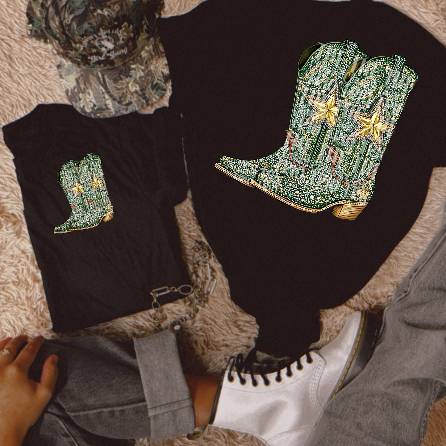 Faux Rhinestone Green Gold Cowboy Boots | Digital Design | PNG | Sublimation | DTF | St Patricks Day | Western Shirt Design | Trending