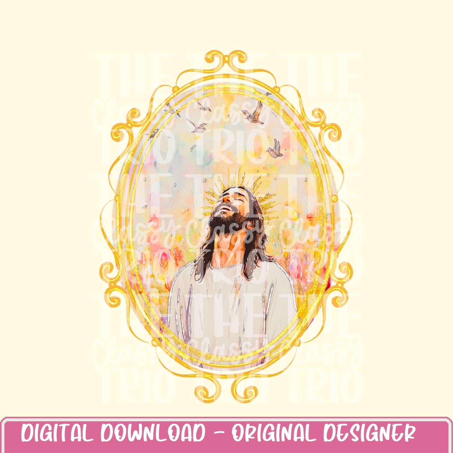 Watercolor Jesus Faux Glitter | Digital Design | PNG | Sublimation | Gold Frame | Kid Adult Shirt Design | Original Creator