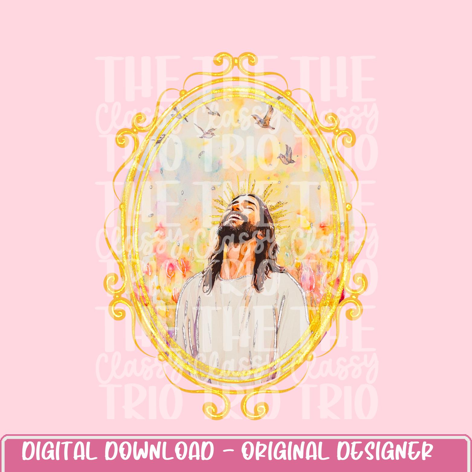 Watercolor Jesus Faux Glitter | Digital Design | PNG | Sublimation | Gold Frame | Kid Adult Shirt Design | Original Creator