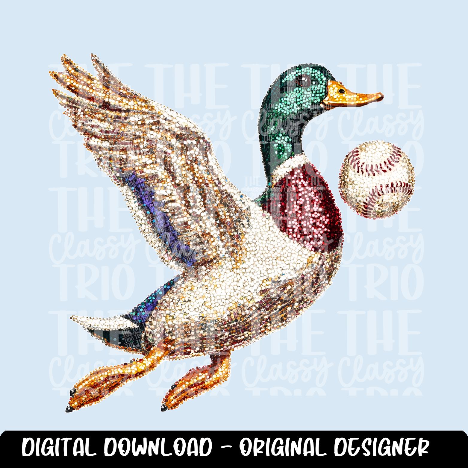 Faux Rhinestone Mallard Duck Flying Baseball | Digital Design | PNG | Sublimation | DTF | Agriculture | Hunting Shirt Design | Trending