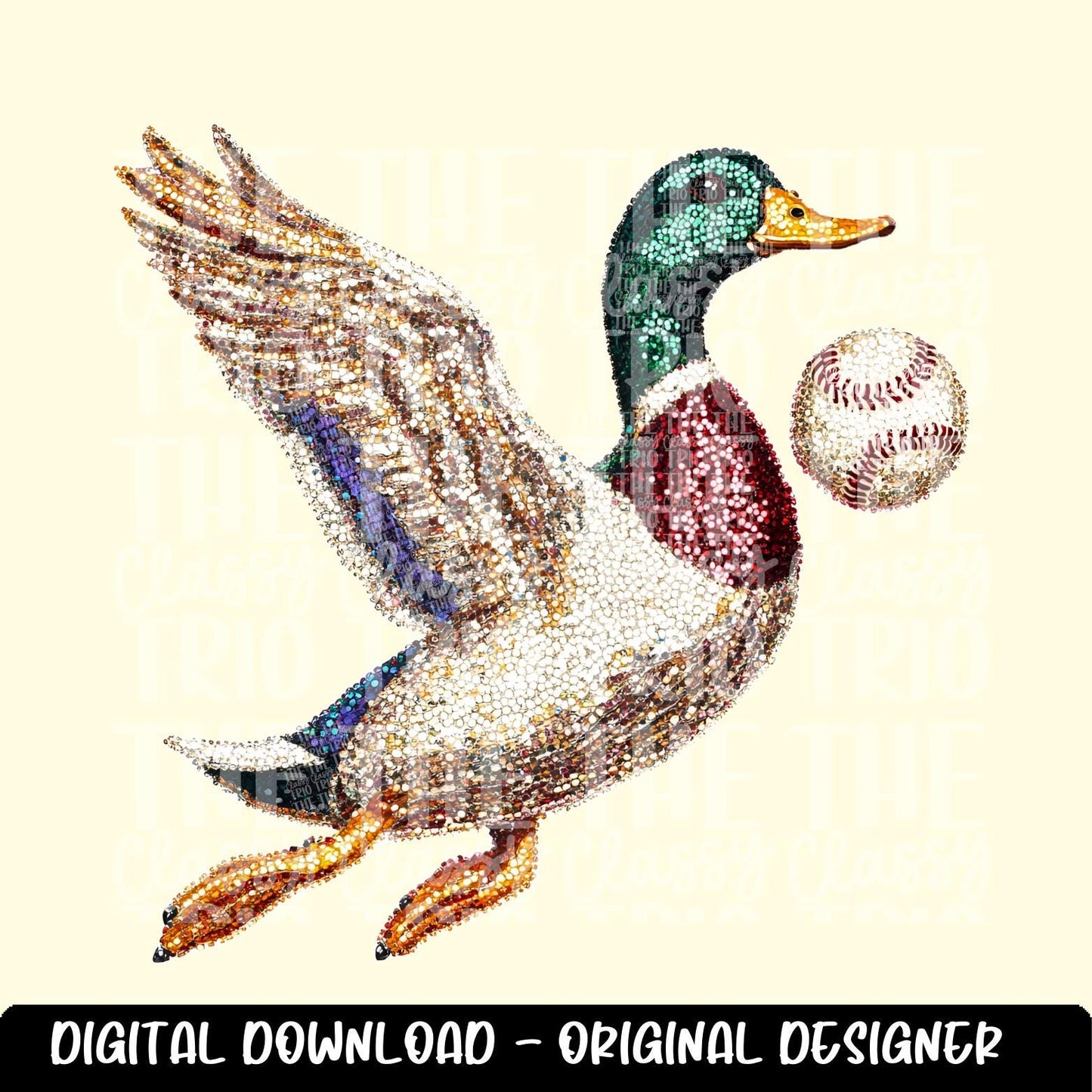 Faux Rhinestone Mallard Duck Flying Baseball | Digital Design | PNG | Sublimation | DTF | Agriculture | Hunting Shirt Design | Trending