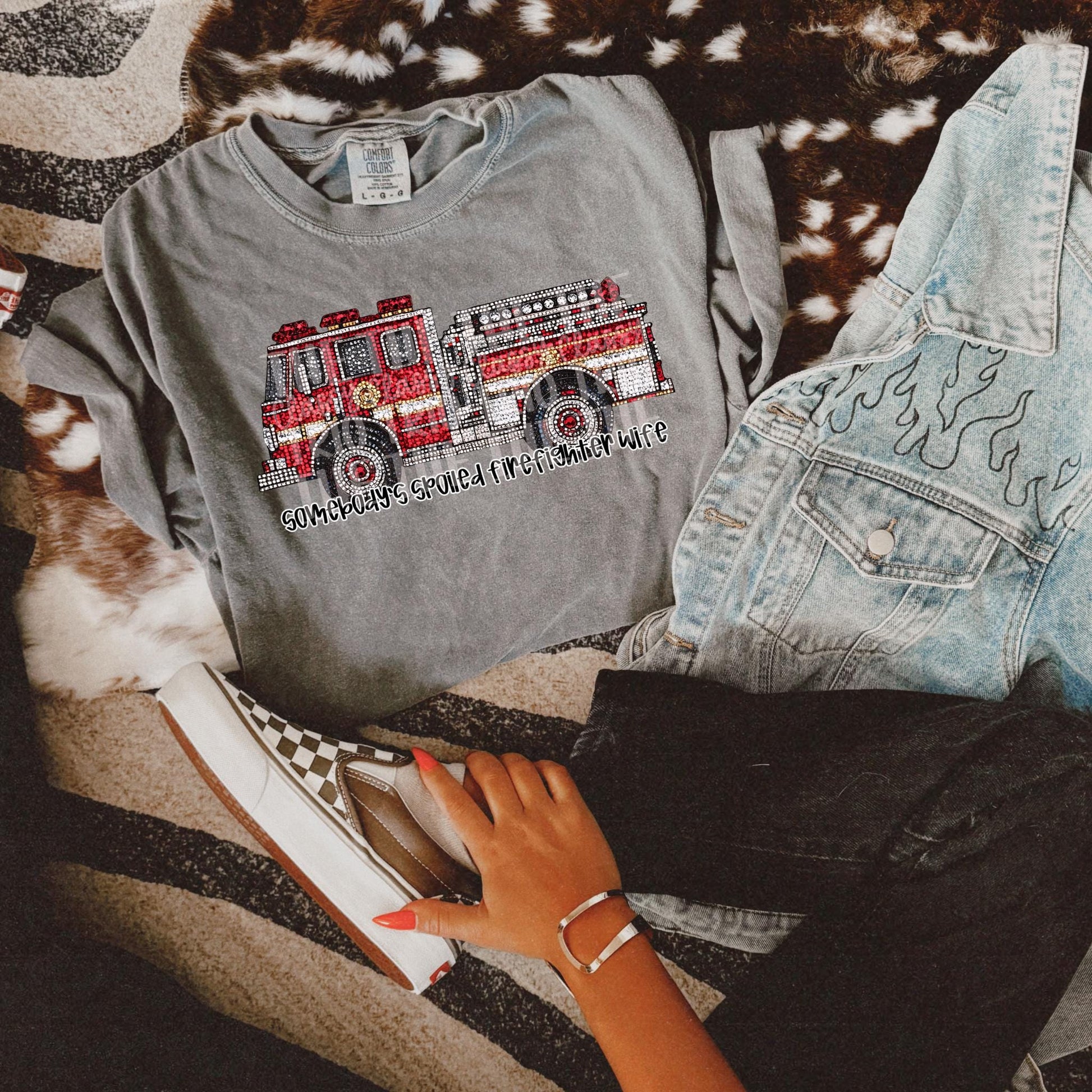 Faux Rhinestone Spoiled Firefighter Wife | Digital Design | PNG | Sublimation | DTF | Blue Collar | Viral Shirt Design | Country | Trending