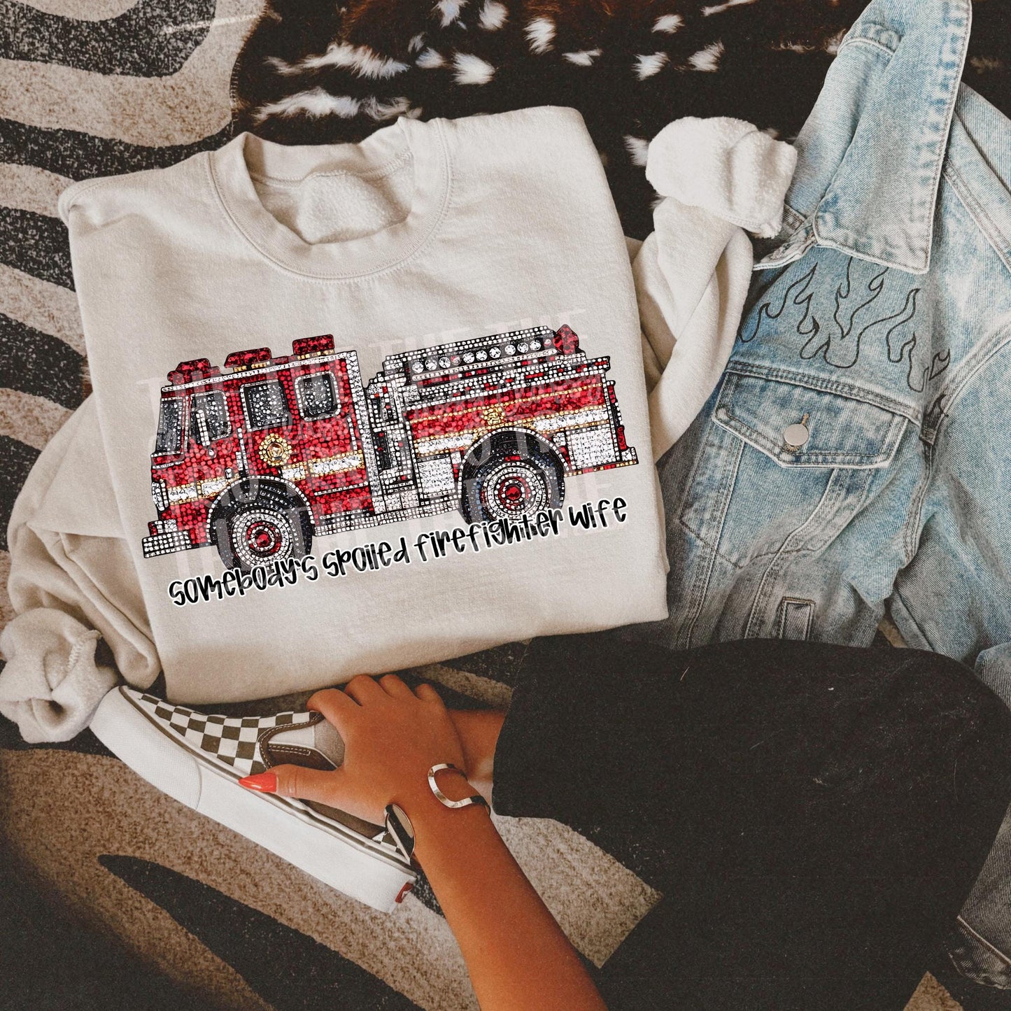 Faux Rhinestone Spoiled Firefighter Wife | Digital Design | PNG | Sublimation | DTF | Blue Collar | Viral Shirt Design | Country | Trending