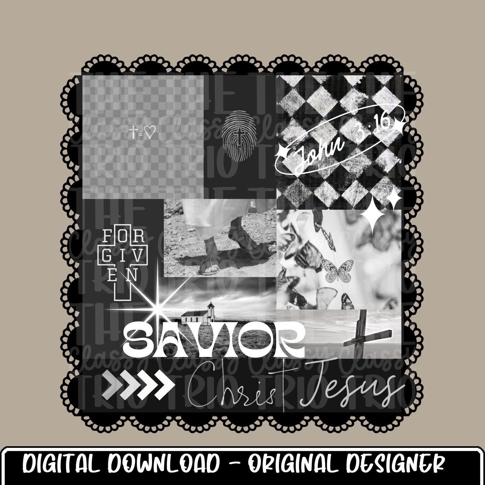 Jesus Black White Collage | Digital Design | PNG | Sublimation | Checkered | Bible | Kid Adult Shirt Design | Original Creator | Scallop