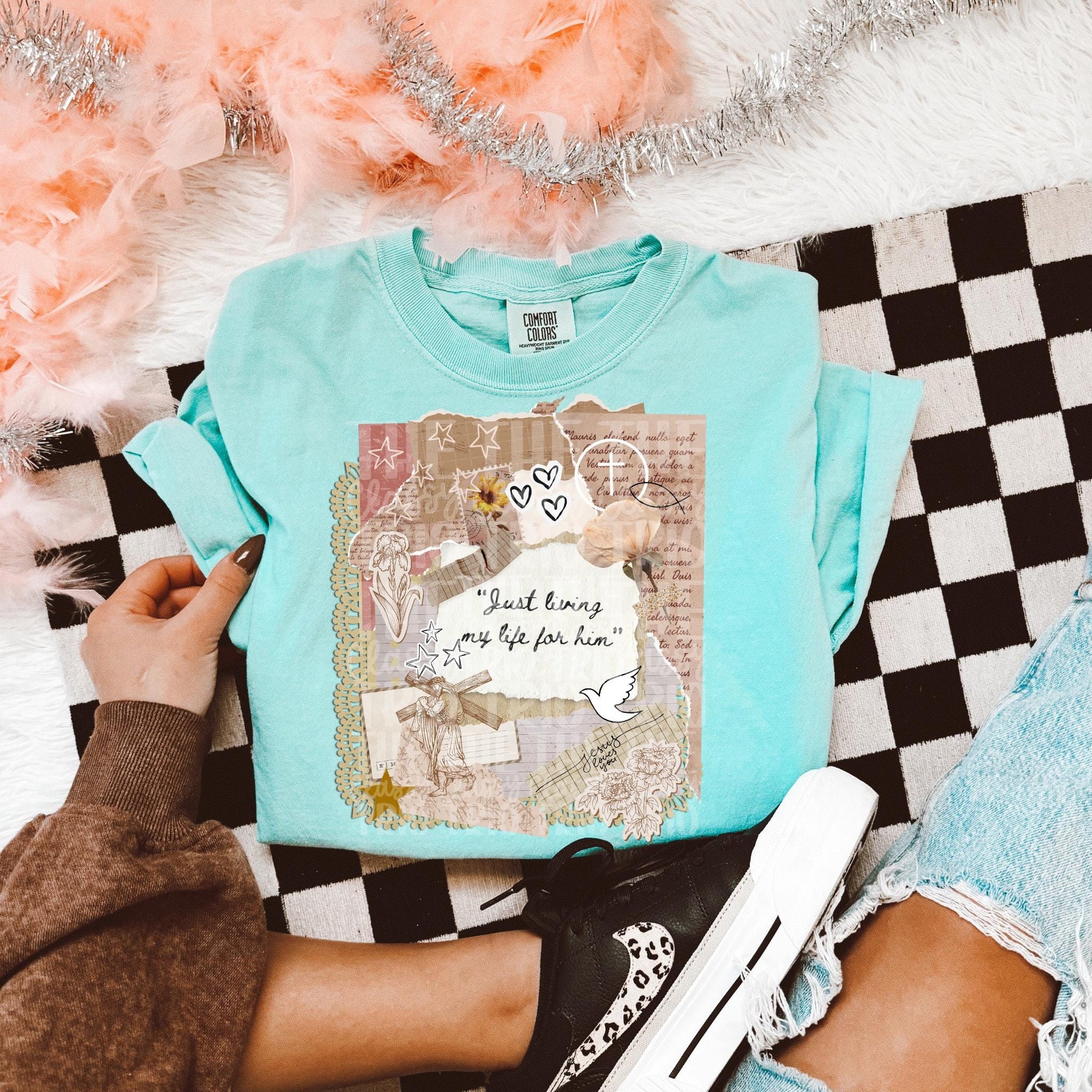 Vintage Jesus Live for Him Collage | Digital Design | PNG | Sublimation | Bible | Kid Adult Shirt Design | Original Creator | Scallop
