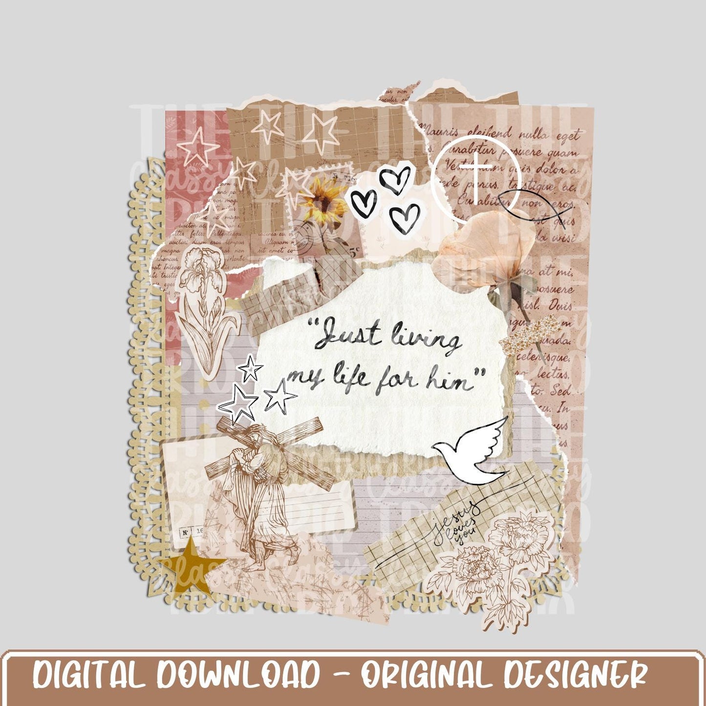 Vintage Jesus Live for Him Collage | Digital Design | PNG | Sublimation | Bible | Kid Adult Shirt Design | Original Creator | Scallop