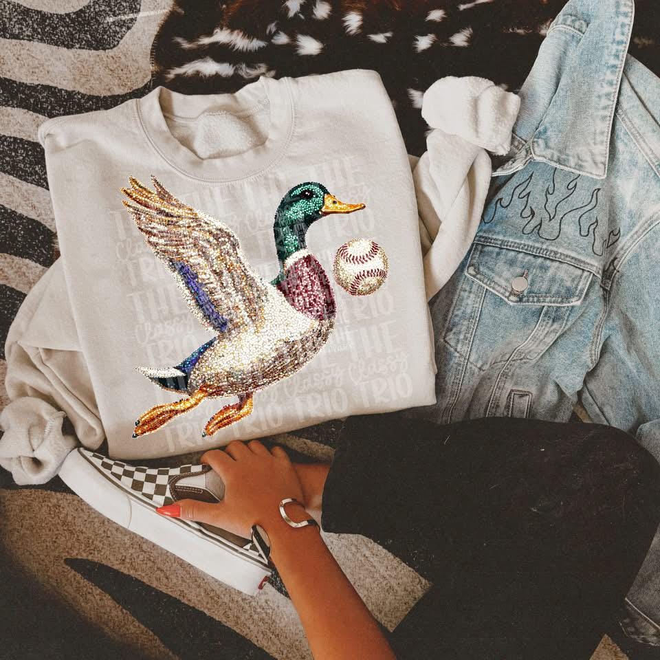 Faux Rhinestone Mallard Duck Flying Baseball | Digital Design | PNG | Sublimation | DTF | Agriculture | Hunting Shirt Design | Trending