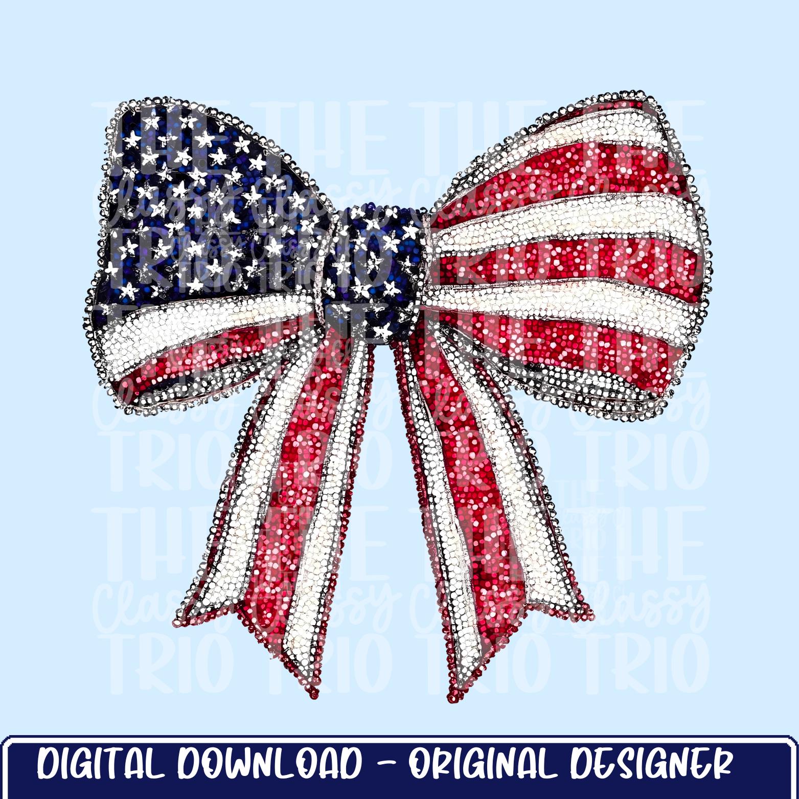 Faux Rhinestone Flag Bow | Digital Design | PNG | Sublimation | DTF | Fourth of July Shirt Design | Dazzle | Trending Coquette | Red White