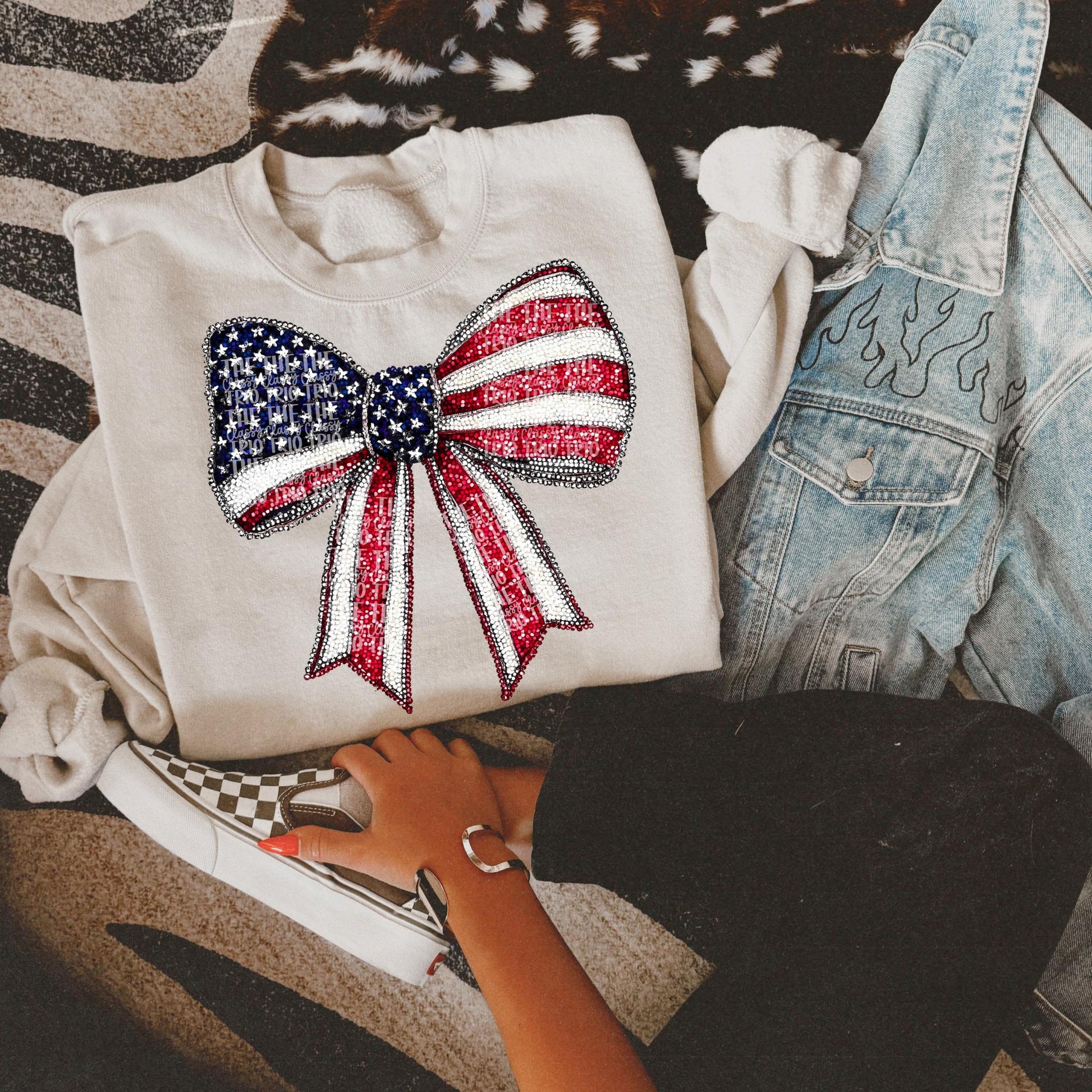 Faux Rhinestone Flag Bow | Digital Design | PNG | Sublimation | DTF | Fourth of July Shirt Design | Dazzle | Trending Coquette | Red White