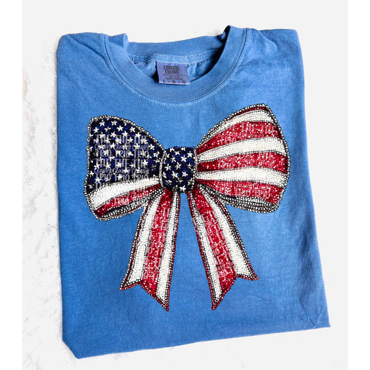 Faux Rhinestone Flag Bow | Digital Design | PNG | Sublimation | DTF | Fourth of July Shirt Design | Dazzle | Trending Coquette | Red White