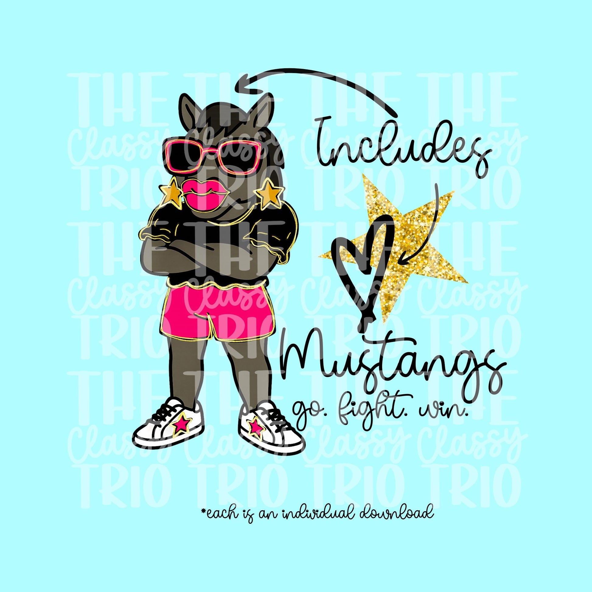 Mustangs Team Drawing PNG: Glitz Glam Mascot Design (Digital Download)