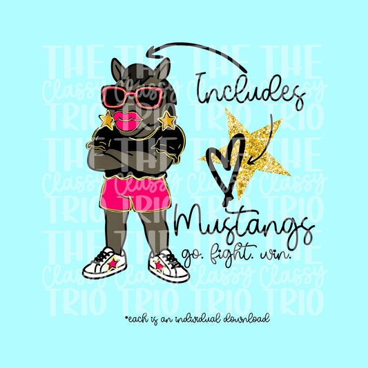 Mustangs Team Drawing PNG: Glitz Glam Mascot Design (Digital Download)