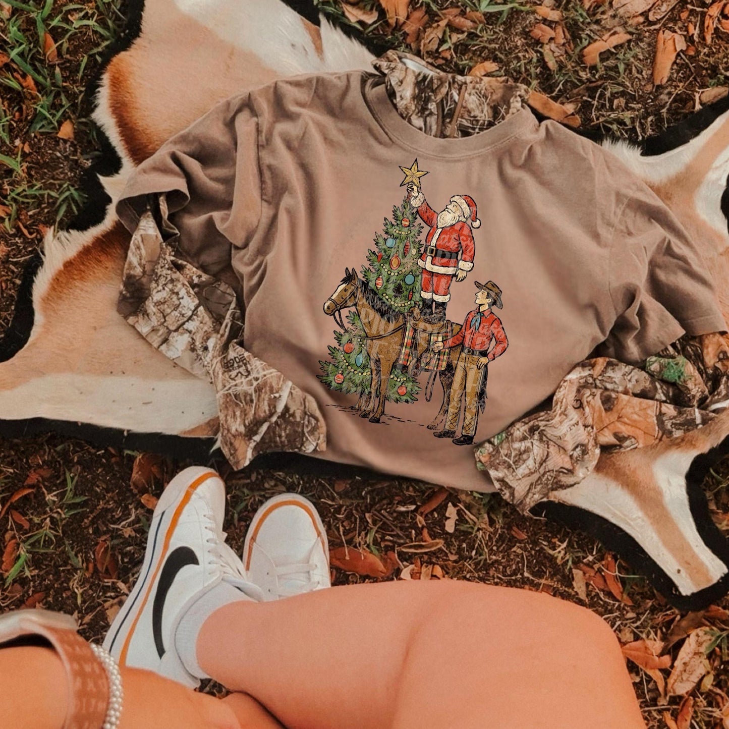 Vintage Santa and Cowboy | Digital Design | PNG | Sublimation | Christmas Tree | Horse | Shirt Design | Christmas | Distressed