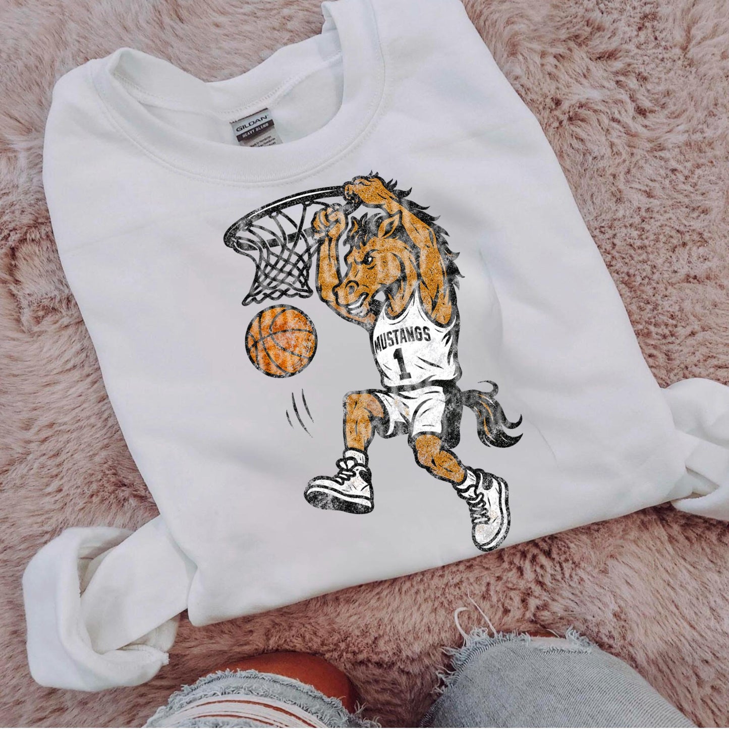 Mustang Basketball Mascot - Retro Chalk Design PNG (Digital Download)