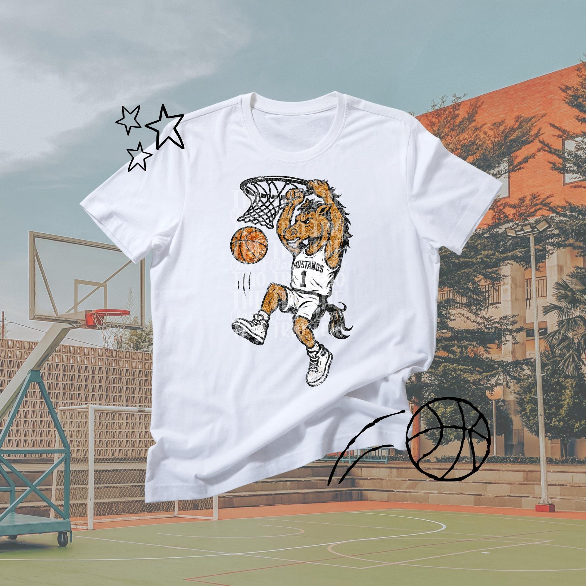 Mustang Basketball Mascot - Retro Chalk Design PNG (Digital Download)