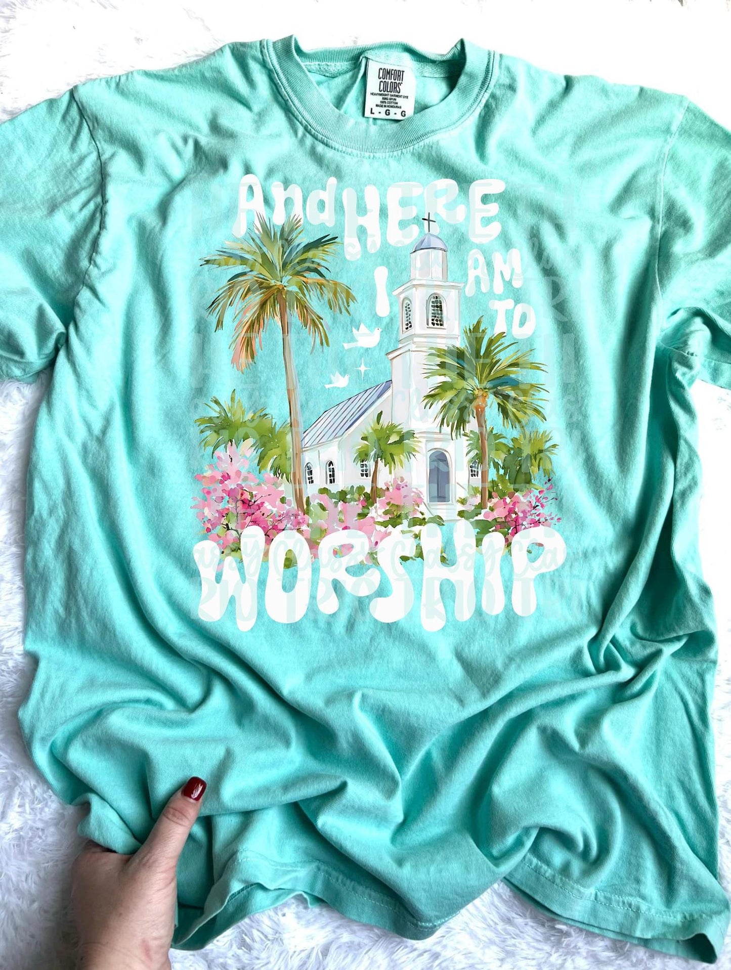 Here I am to Worship PNG | Christian Doodle Design (Digital Download) | Faith Shirt | Jesus | Floral Watercolor | Trendy Summer Design