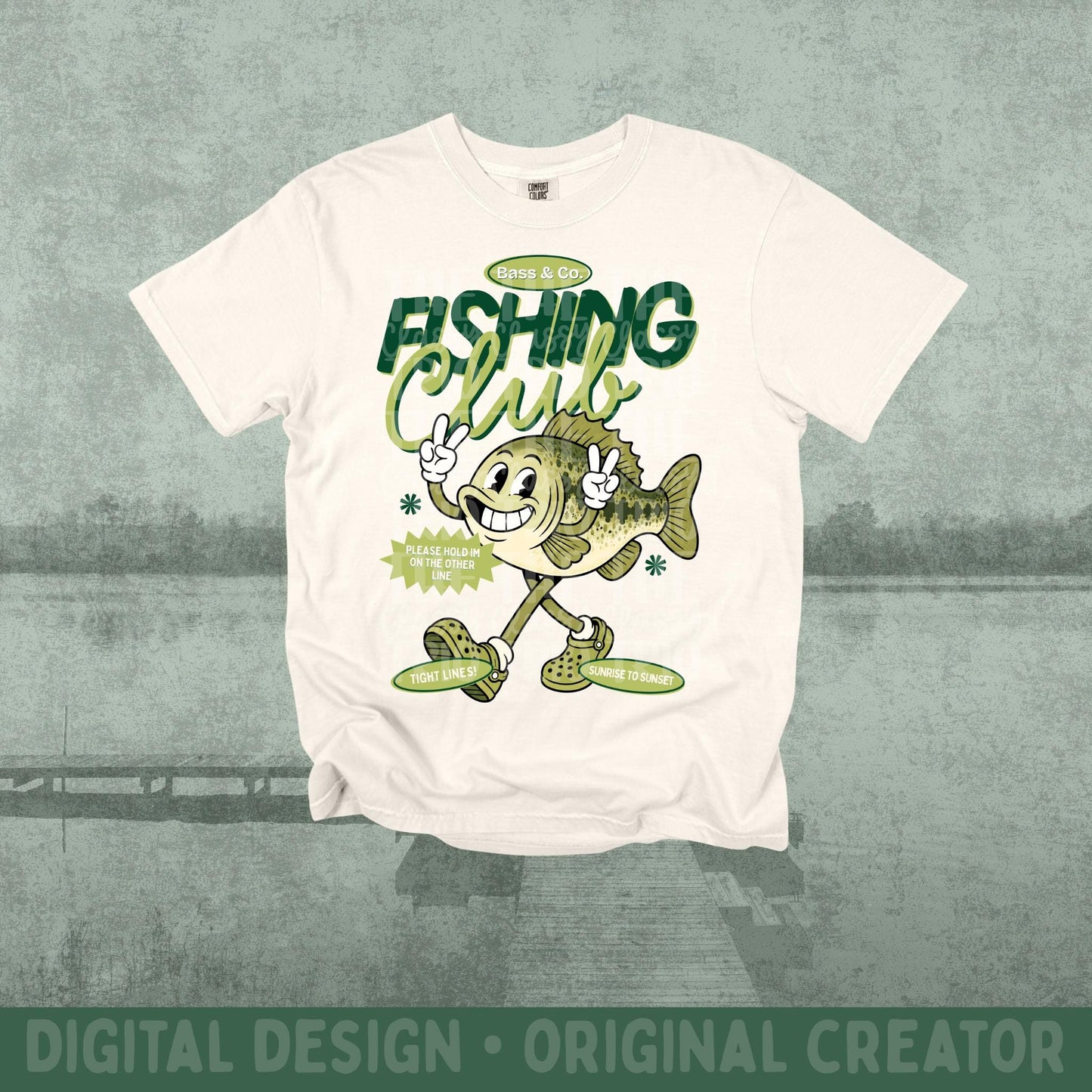 Bass Fishing Club PNG | Retro Lake Life Fish Mascot Shirt Design | Vintage Fishing Tee Graphic with Pocket Design Included | Trendy | Summer
