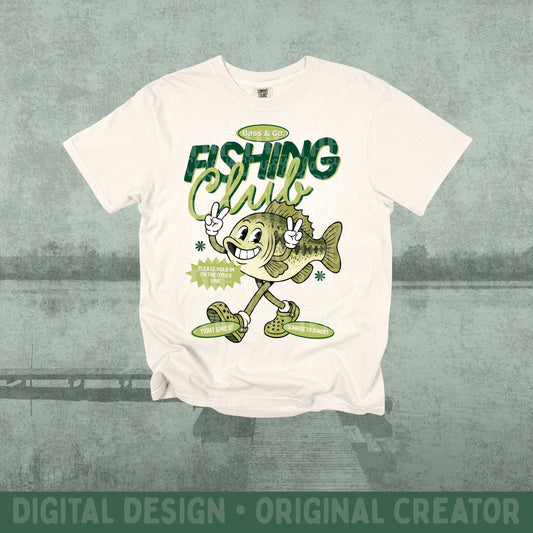 Bass Fishing Club PNG | Retro Lake Life Fish Mascot Shirt Design | Vintage Fishing Tee Graphic with Pocket Design Included | Trendy | Summer