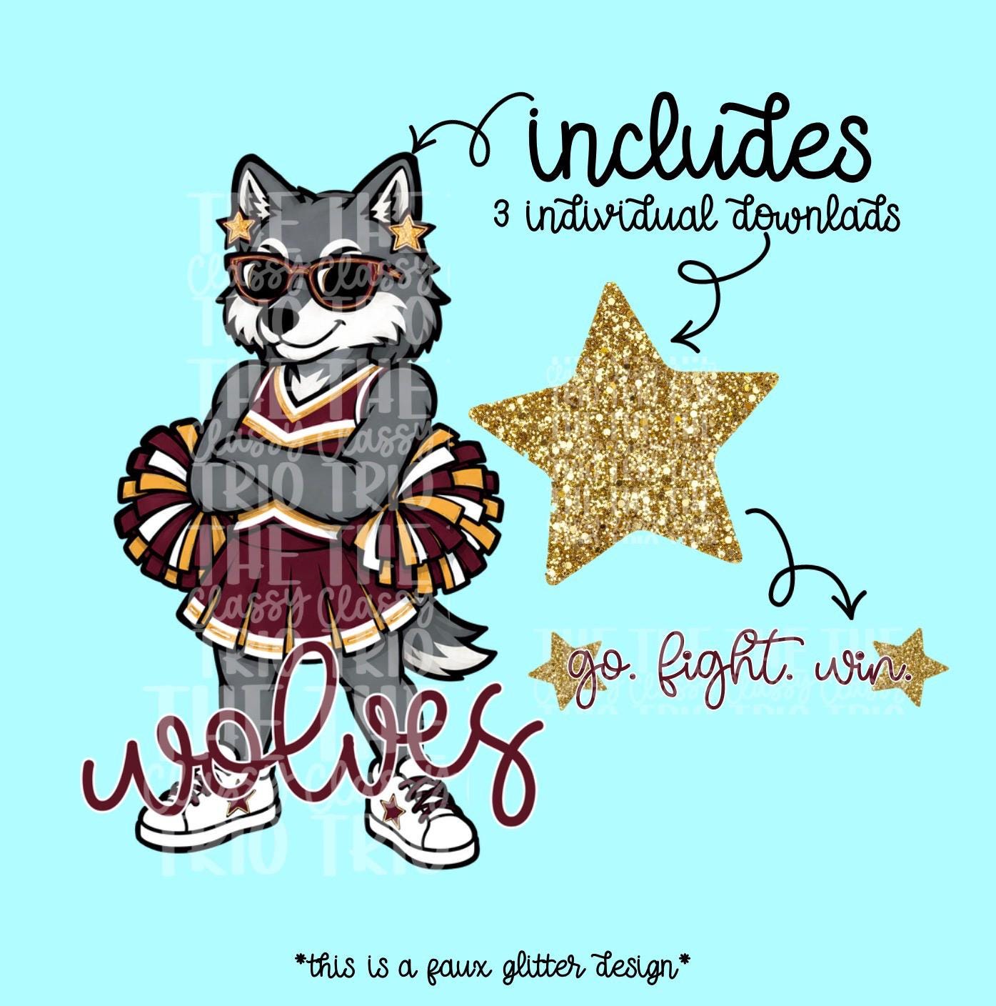 Wolves Mascot PNG | Team Spirit Sublimation DTF Design, Maroon Gold Cheerleading, School Spirit Wear (Digital File)