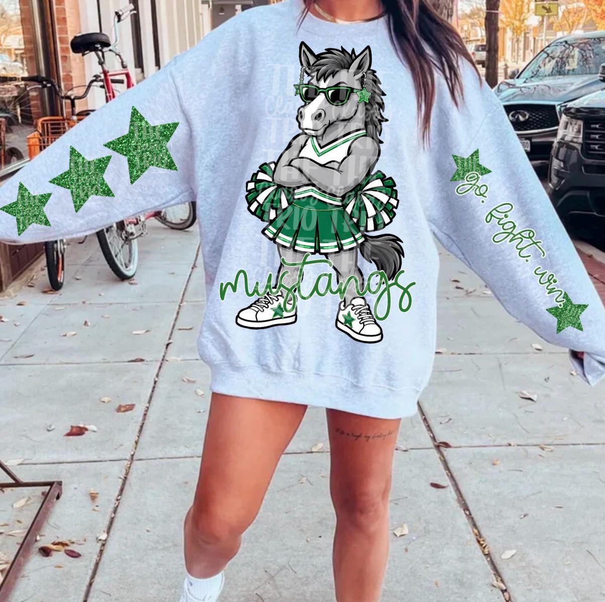 Mustangs Mascot PNG | Team Spirit Sublimation DTF Design, Green Cheerleading, School Spirit Wear (Digital File)