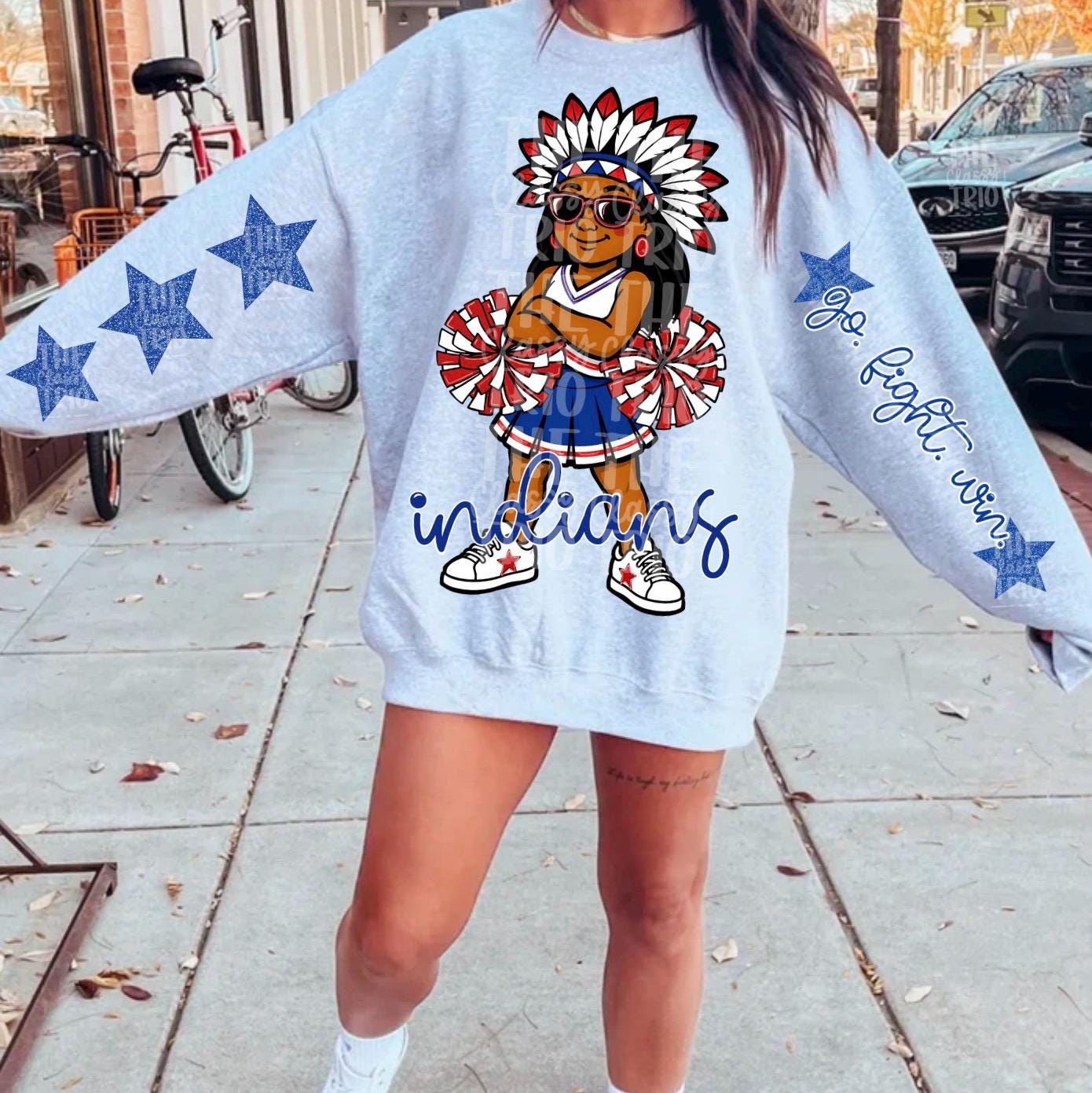 Indians Mascot PNG | Team Spirit Sublimation DTF Design, Blue Red White Cheerleading, School Spirit Wear Trending (Digital File)