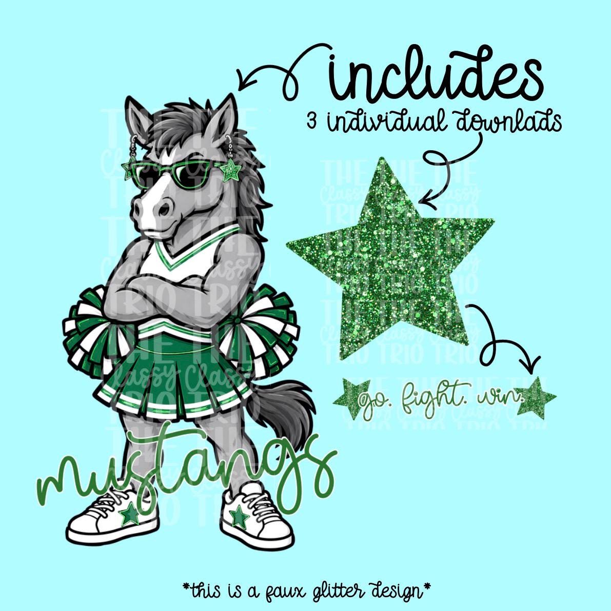 Mustangs Mascot PNG | Team Spirit Sublimation DTF Design, Green Cheerleading, School Spirit Wear (Digital File)